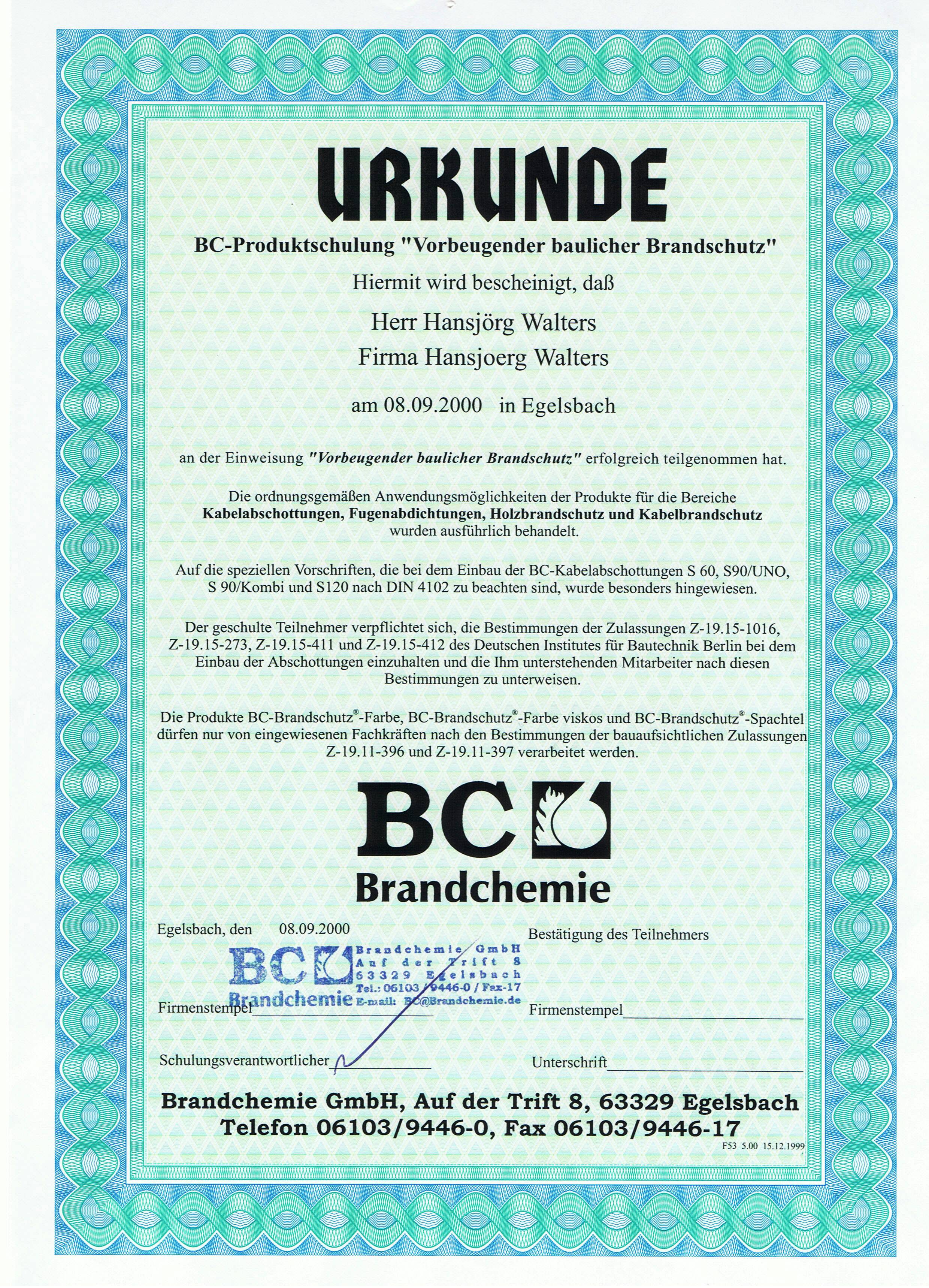 Brandschutzzertifikat